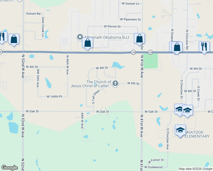 map of restaurants, bars, coffee shops, grocery stores, and more near 4316 West 6th Street in Skiatook