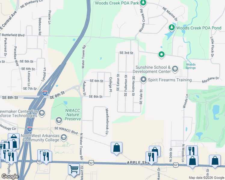 map of restaurants, bars, coffee shops, grocery stores, and more near 701 College Pl in Bentonville