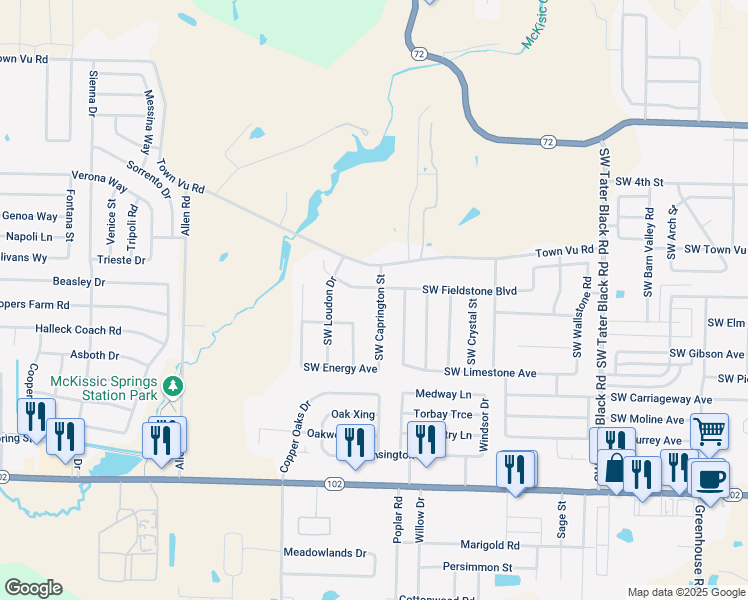 map of restaurants, bars, coffee shops, grocery stores, and more near 702 Southwest Caprington Street in Bentonville