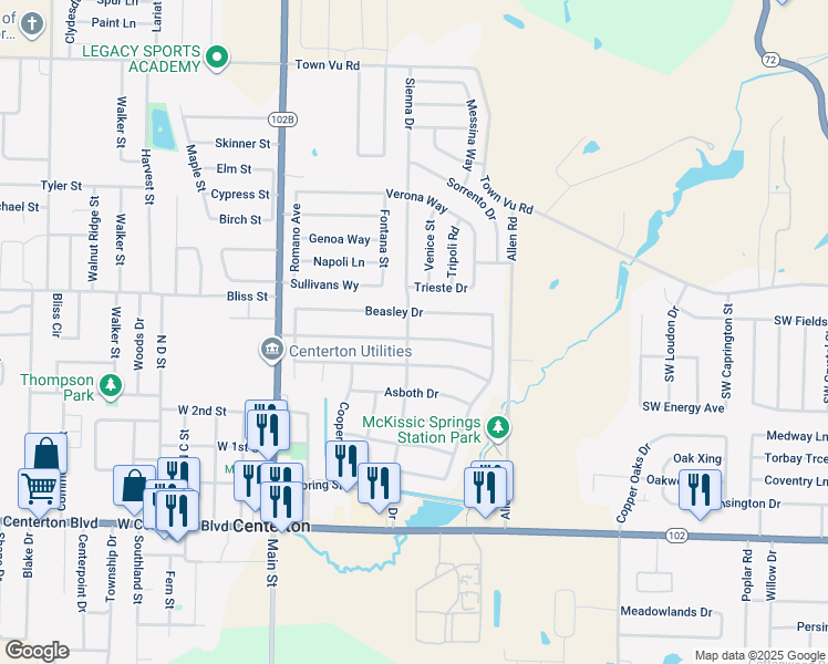 map of restaurants, bars, coffee shops, grocery stores, and more near 401 Coopers Farm Road in Centerton