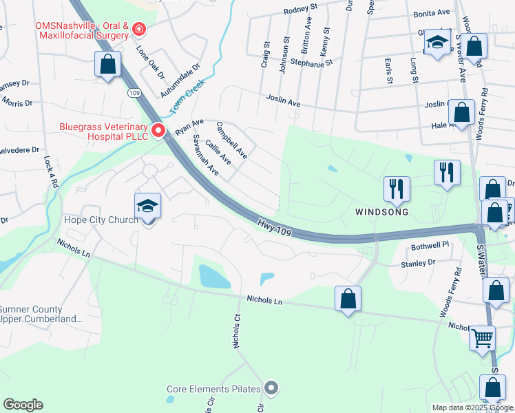 map of restaurants, bars, coffee shops, grocery stores, and more near 1127 Savannah Avenue in Gallatin