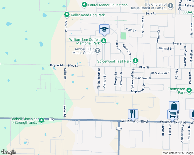 map of restaurants, bars, coffee shops, grocery stores, and more near 541 Timber Ridge Street in Centerton