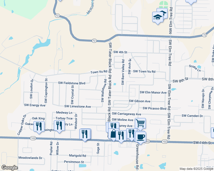 map of restaurants, bars, coffee shops, grocery stores, and more near 701 Southwest Wallstone Road in Bentonville