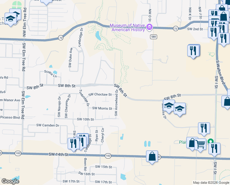 map of restaurants, bars, coffee shops, grocery stores, and more near 2300 Southwest Choctaw Street in Bentonville