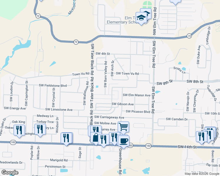 map of restaurants, bars, coffee shops, grocery stores, and more near 707 Southwest Barn Valley Road in Bentonville