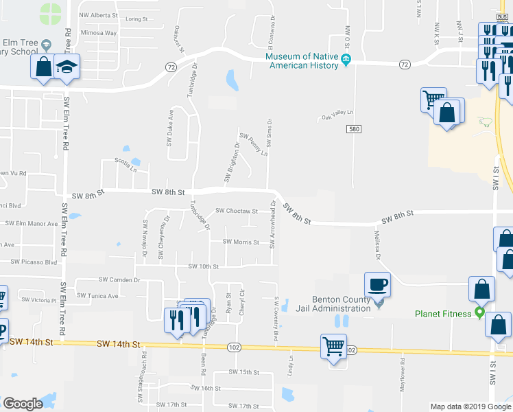 map of restaurants, bars, coffee shops, grocery stores, and more near 2308 Southwest Choctaw Street in Bentonville