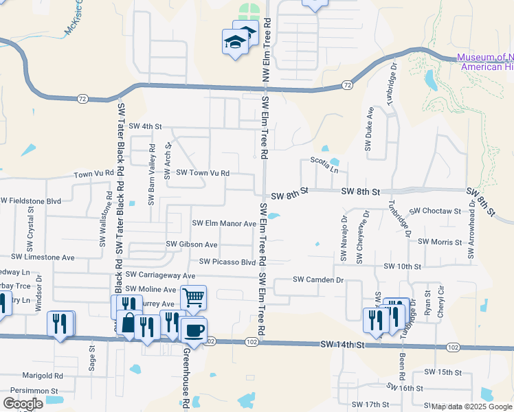 map of restaurants, bars, coffee shops, grocery stores, and more near 800 Southwest Elm Tree Road in Bentonville