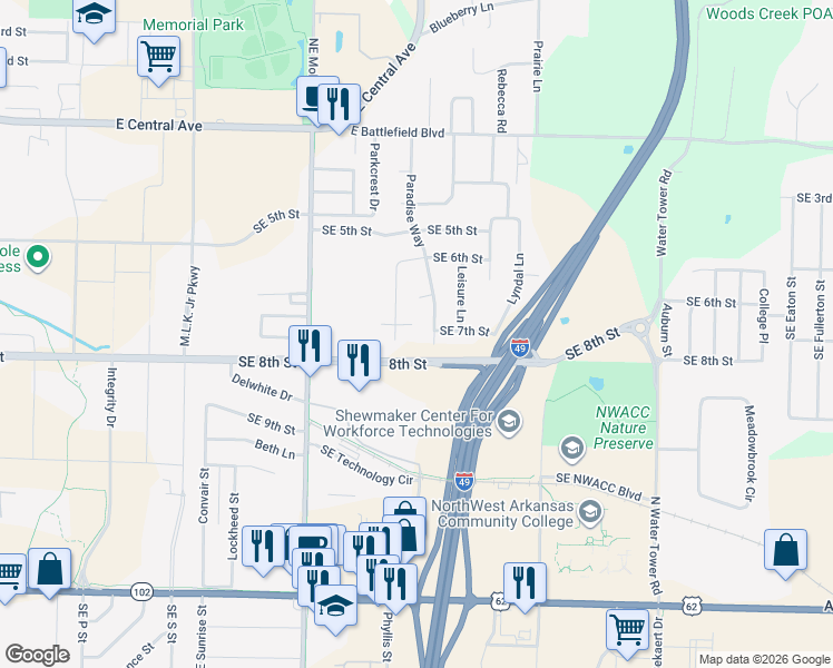map of restaurants, bars, coffee shops, grocery stores, and more near 2604 Southeast 7th Court in Bentonville