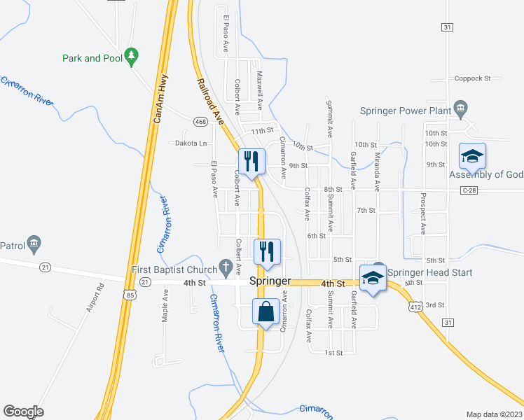 map of restaurants, bars, coffee shops, grocery stores, and more near Maxwell Avenue in Springer