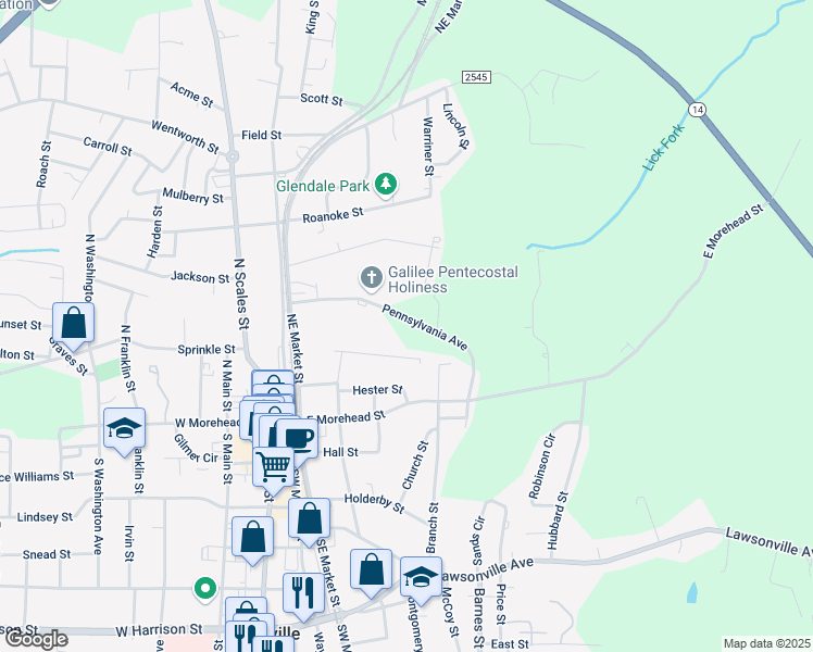 map of restaurants, bars, coffee shops, grocery stores, and more near 200 Pennsylvania Avenue in Reidsville