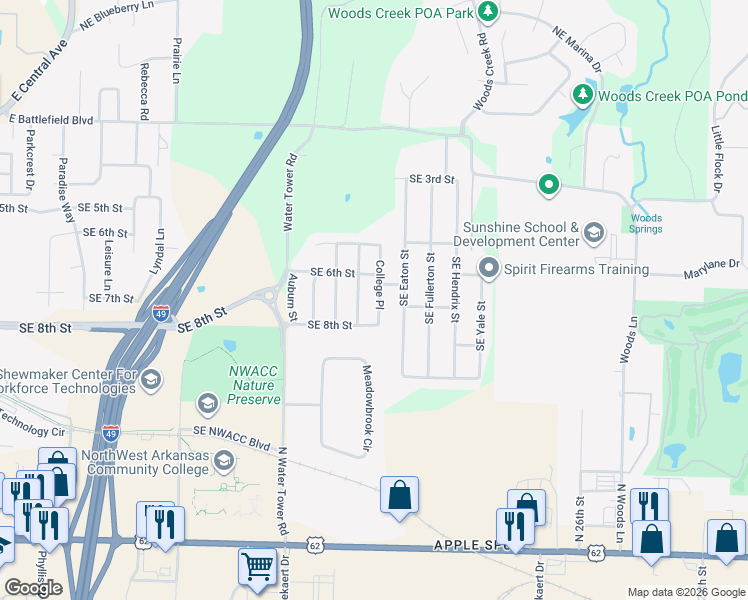map of restaurants, bars, coffee shops, grocery stores, and more near 701 College Place in Bentonville