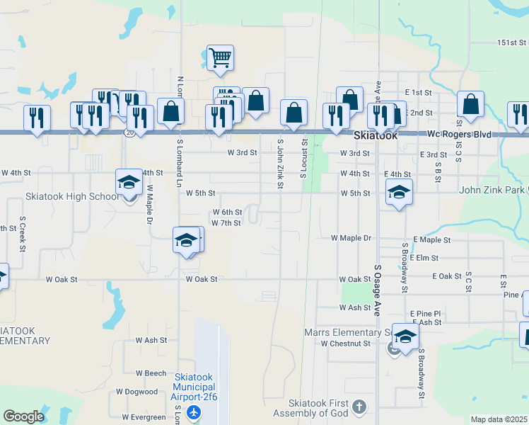 map of restaurants, bars, coffee shops, grocery stores, and more near 505 West 6th Street in Skiatook