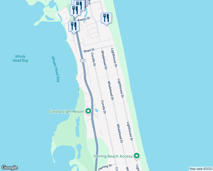 map of restaurants, bars, coffee shops, grocery stores, and more near 1064 Whalehead Drive in Corolla
