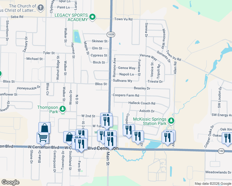 map of restaurants, bars, coffee shops, grocery stores, and more near 111 Coopers Farm Road in Centerton