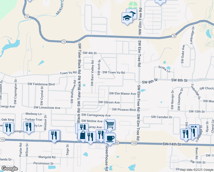 map of restaurants, bars, coffee shops, grocery stores, and more near 3705 Southwest Davenci Boulevard in Bentonville