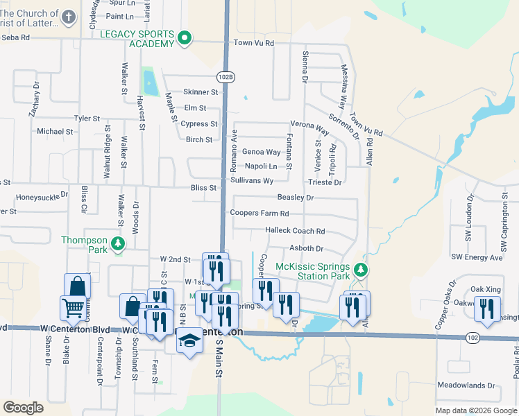 map of restaurants, bars, coffee shops, grocery stores, and more near 221 Coopers Farm Road in Centerton