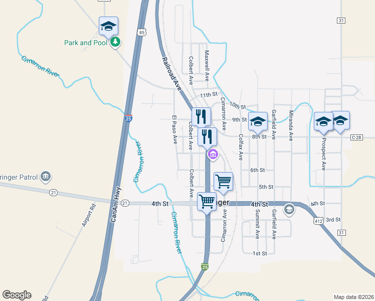 map of restaurants, bars, coffee shops, grocery stores, and more near 401-499 7th Street in Springer