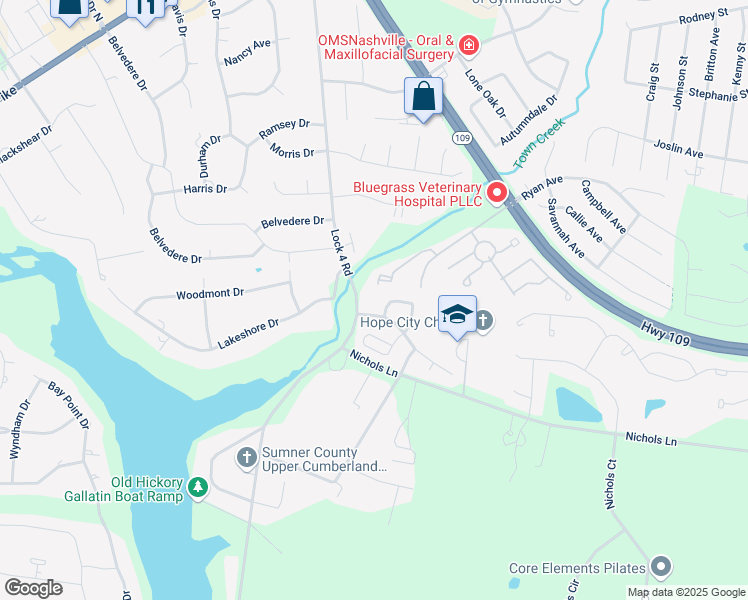 map of restaurants, bars, coffee shops, grocery stores, and more near 127 Cambridge Drive in Gallatin