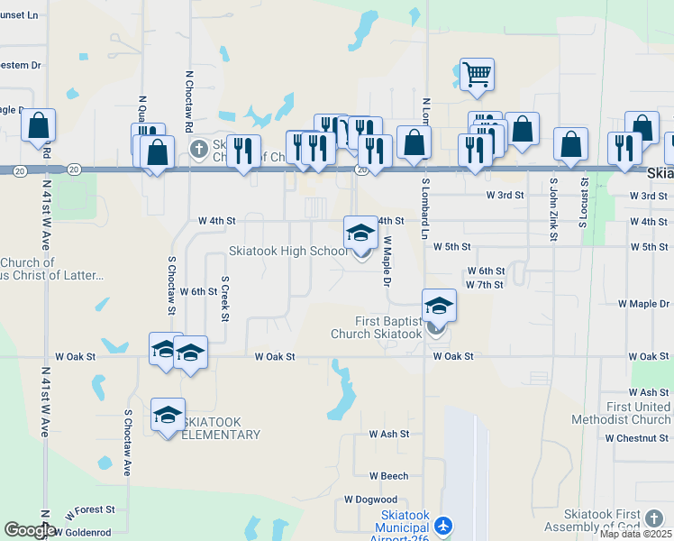 map of restaurants, bars, coffee shops, grocery stores, and more near 1000 West 4th Street in Skiatook