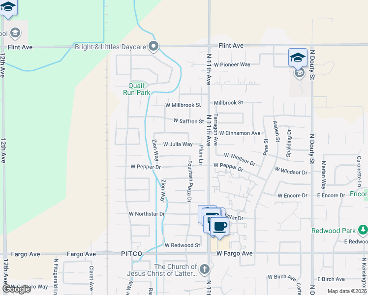 map of restaurants, bars, coffee shops, grocery stores, and more near 904 West Windsor Drive in Hanford