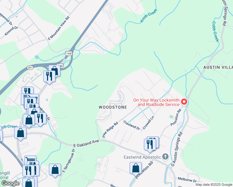 map of restaurants, bars, coffee shops, grocery stores, and more near 333 Hickory Bluff in Johnson City