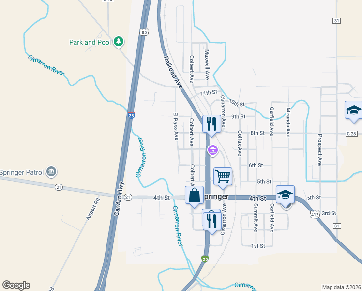 map of restaurants, bars, coffee shops, grocery stores, and more near 401 7th Street in Springer