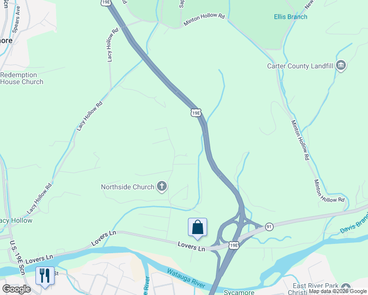 map of restaurants, bars, coffee shops, grocery stores, and more near 315 Topside Lane in Elizabethton