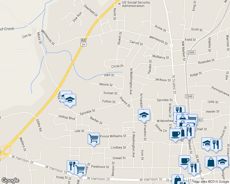 map of restaurants, bars, coffee shops, grocery stores, and more near 810 Sunset Street in Reidsville