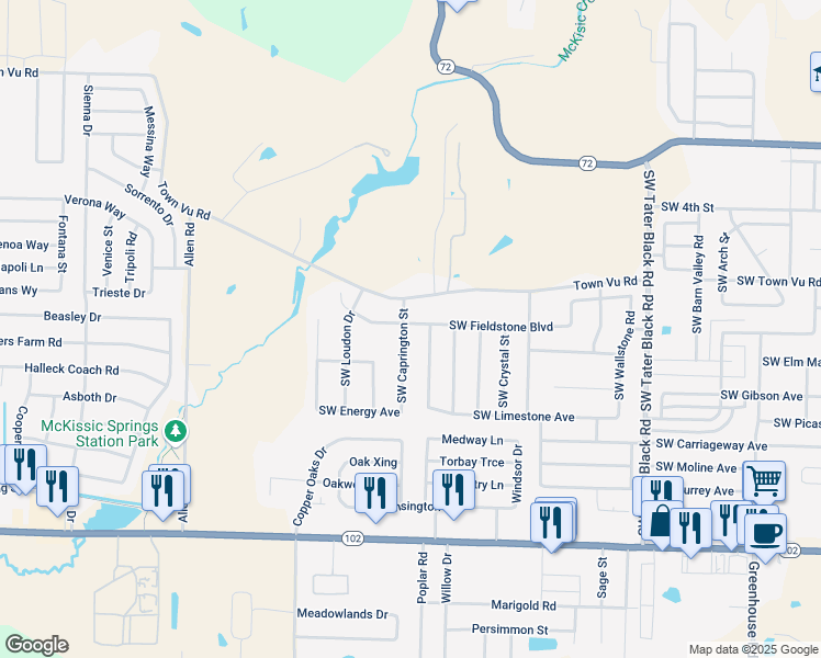map of restaurants, bars, coffee shops, grocery stores, and more near 702 Southwest Caprington Street in Bentonville