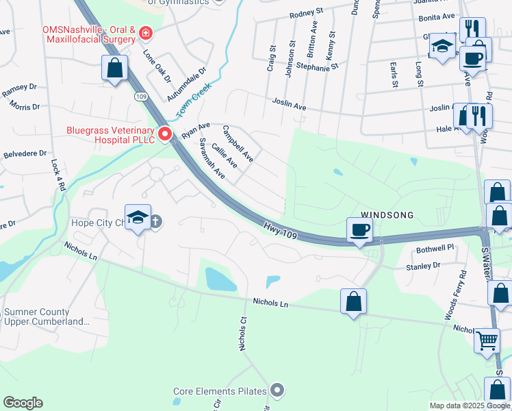 map of restaurants, bars, coffee shops, grocery stores, and more near 1127 Savannah Avenue in Gallatin