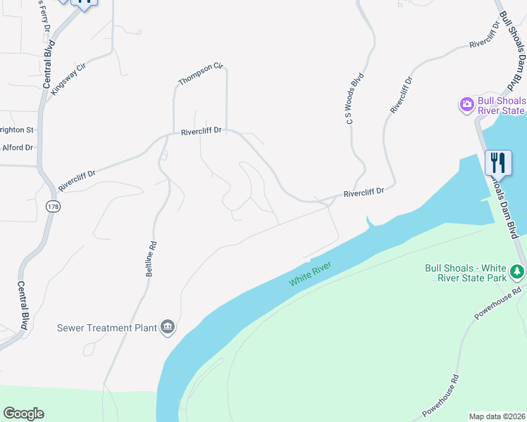 map of restaurants, bars, coffee shops, grocery stores, and more near 154 Golf Course Terrace in Bull Shoals