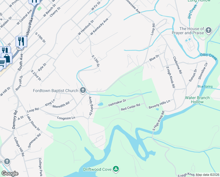 map of restaurants, bars, coffee shops, grocery stores, and more near 1501 Loop Road in LaFollette