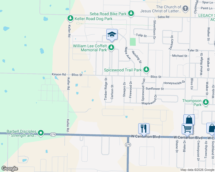 map of restaurants, bars, coffee shops, grocery stores, and more near 541 Timber Ridge Street in Centerton