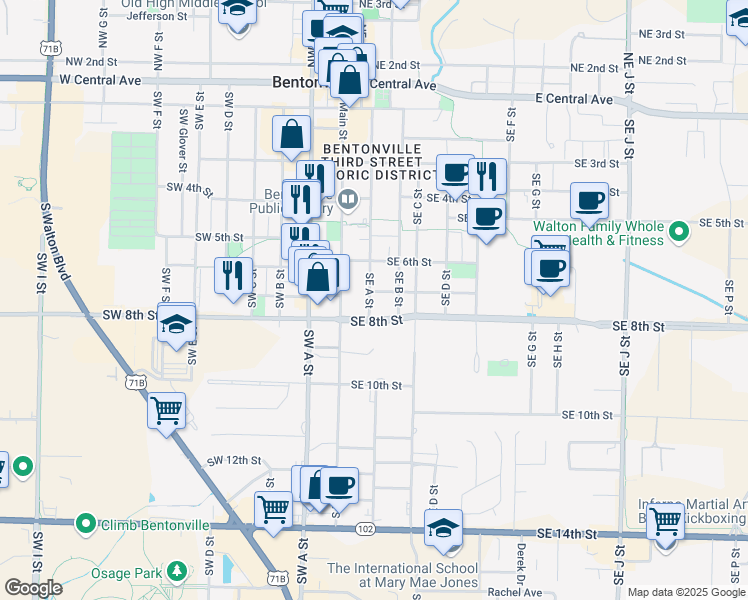 map of restaurants, bars, coffee shops, grocery stores, and more near 201 Southeast 8th Street in Bentonville