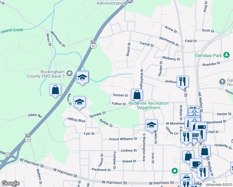 map of restaurants, bars, coffee shops, grocery stores, and more near 824 Sunset Street in Reidsville
