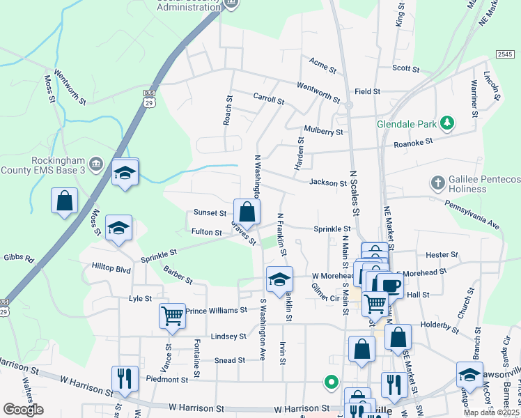 map of restaurants, bars, coffee shops, grocery stores, and more near 311 North Washington Avenue in Reidsville