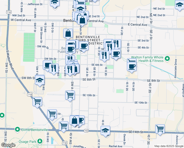 map of restaurants, bars, coffee shops, grocery stores, and more near 201 Southeast 8th Street in Bentonville