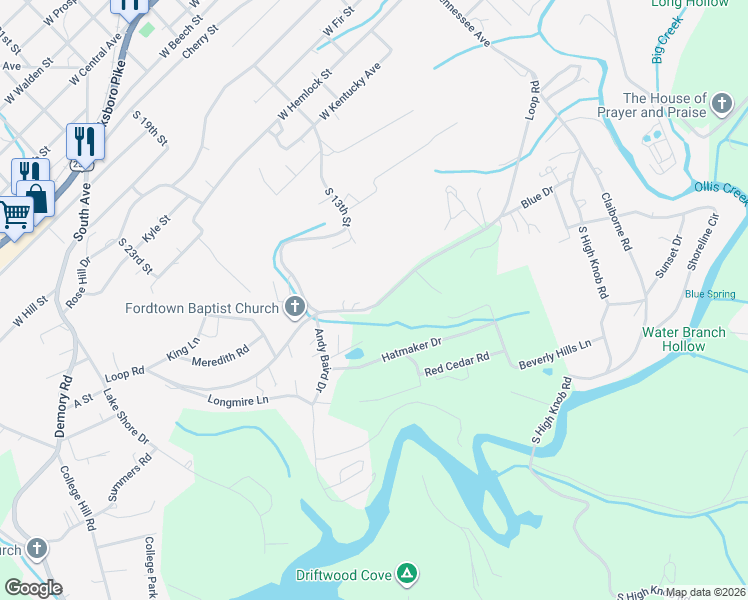 map of restaurants, bars, coffee shops, grocery stores, and more near 1501 Loop Road in LaFollette