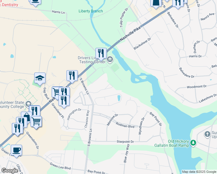 map of restaurants, bars, coffee shops, grocery stores, and more near 801 South Browns Lane in Gallatin