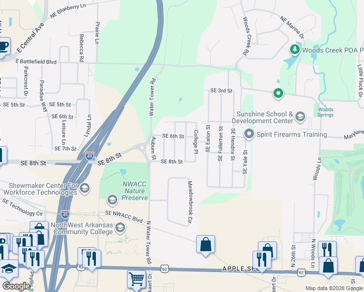 map of restaurants, bars, coffee shops, grocery stores, and more near 702 Drake Street in Bentonville