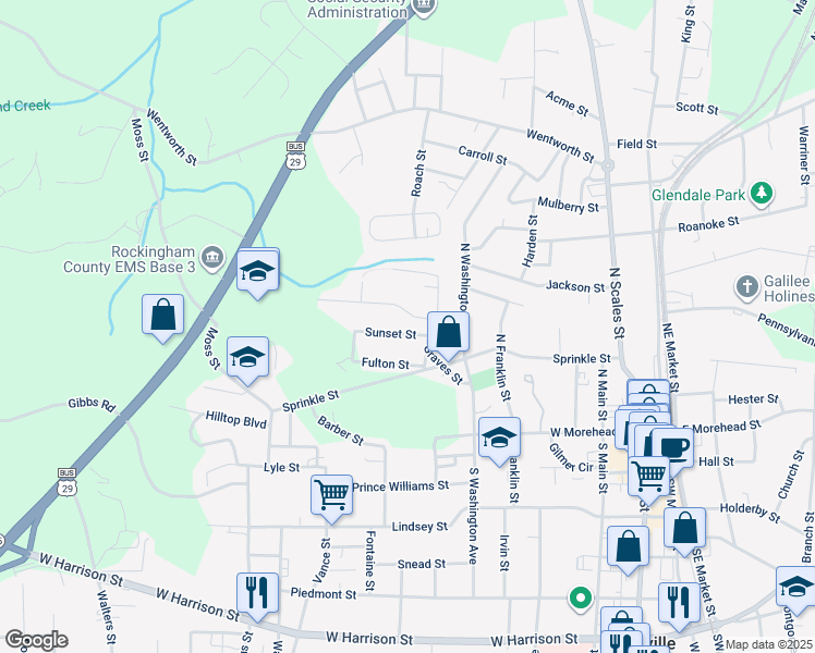 map of restaurants, bars, coffee shops, grocery stores, and more near 810 Sunset Street in Reidsville