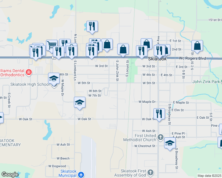 map of restaurants, bars, coffee shops, grocery stores, and more near 601 South John Zink Street in Skiatook