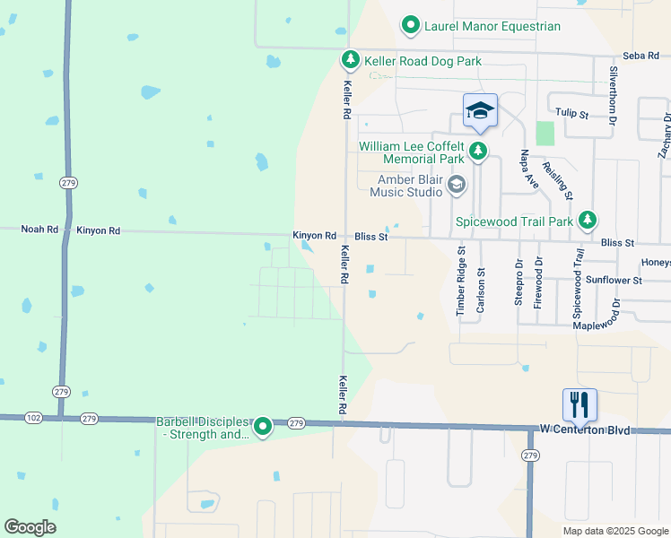 map of restaurants, bars, coffee shops, grocery stores, and more near 591 Keller Road in Centerton