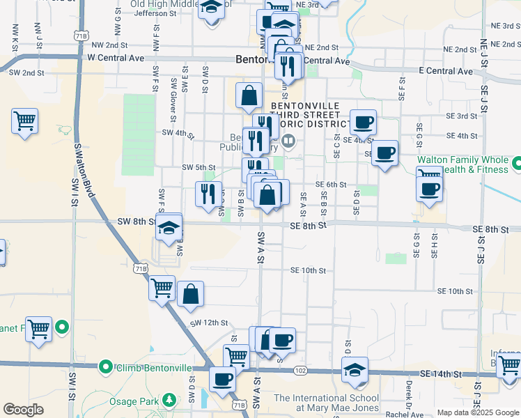 map of restaurants, bars, coffee shops, grocery stores, and more near 200 Southwest 7th Street in Bentonville