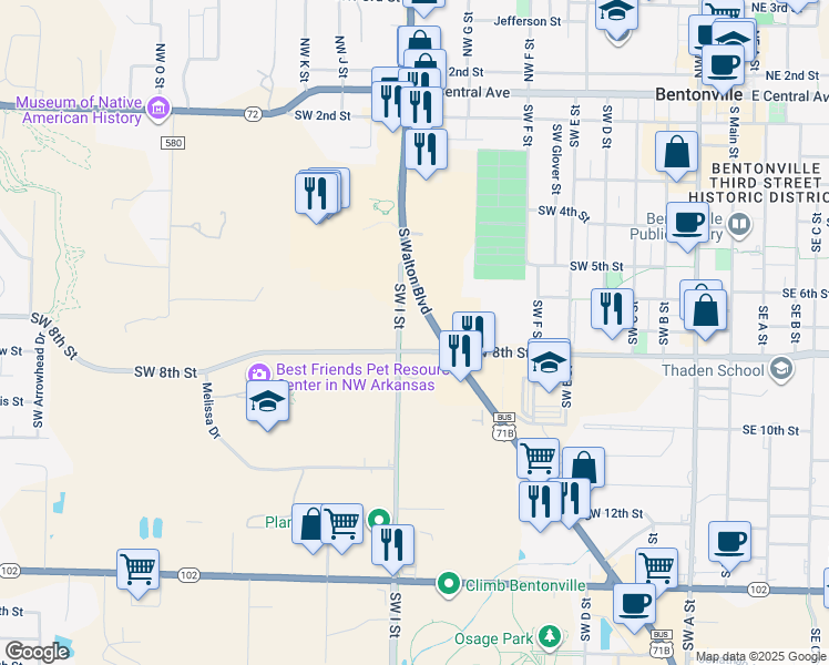 map of restaurants, bars, coffee shops, grocery stores, and more near 806 SW 8th St in Bentonville