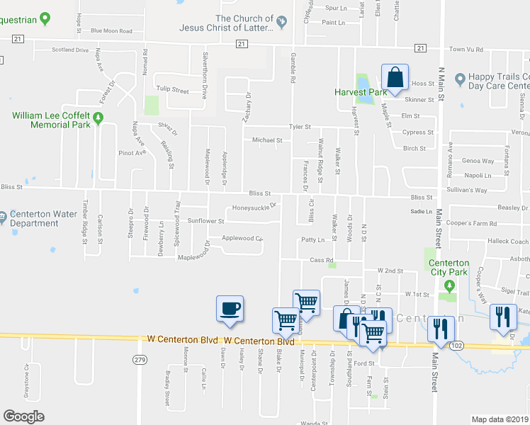 map of restaurants, bars, coffee shops, grocery stores, and more near 841 Honeysuckle Drive in Centerton