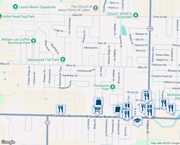 map of restaurants, bars, coffee shops, grocery stores, and more near 810 Sunflower Street in Centerton