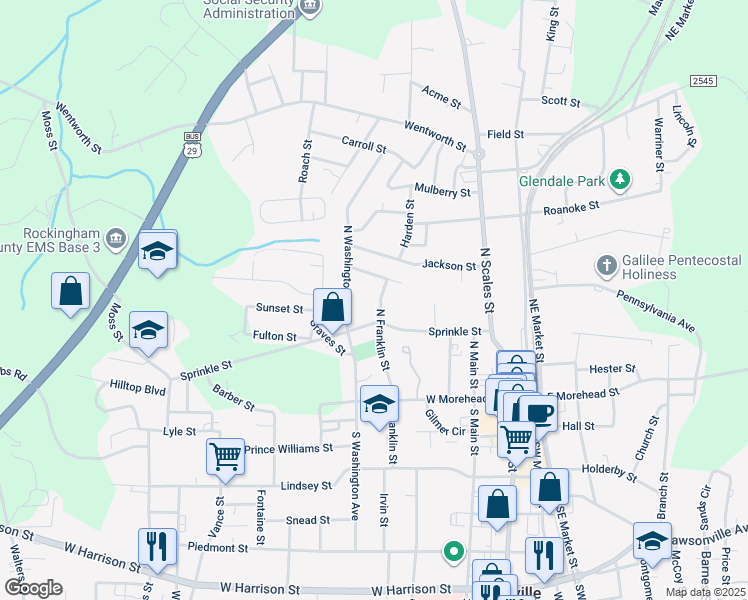 map of restaurants, bars, coffee shops, grocery stores, and more near 308 North Franklin Street in Reidsville