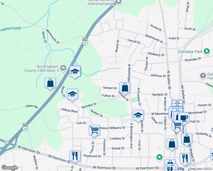 map of restaurants, bars, coffee shops, grocery stores, and more near 824 Sunset Street in Reidsville