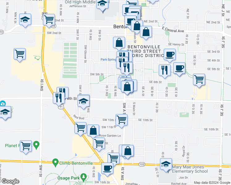 map of restaurants, bars, coffee shops, grocery stores, and more near 299 Southwest 7th Street in Bentonville